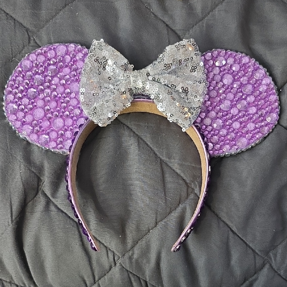 Custom Made Purple and Silver Sequin Mouse Ears Headband Interchangeable Bows